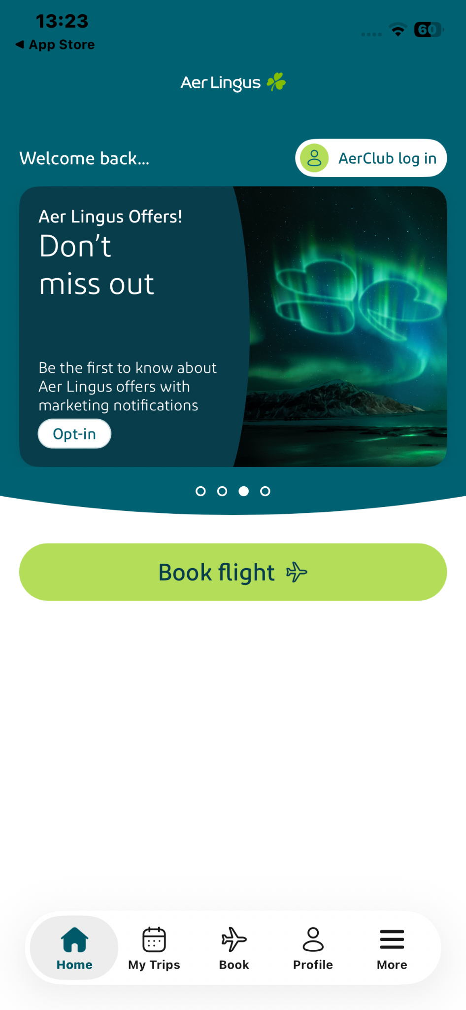 Aer Lingus mobile app home screen