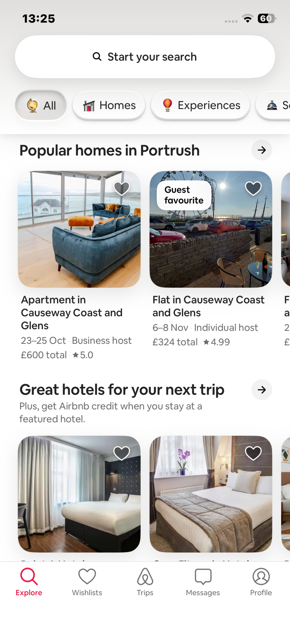 Airbnb mobile app home screen