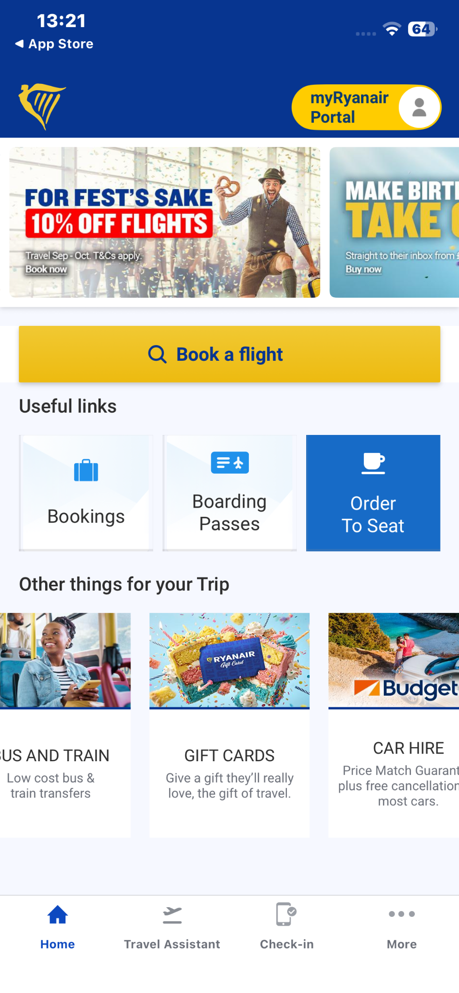 Ryanair mobile app home screen