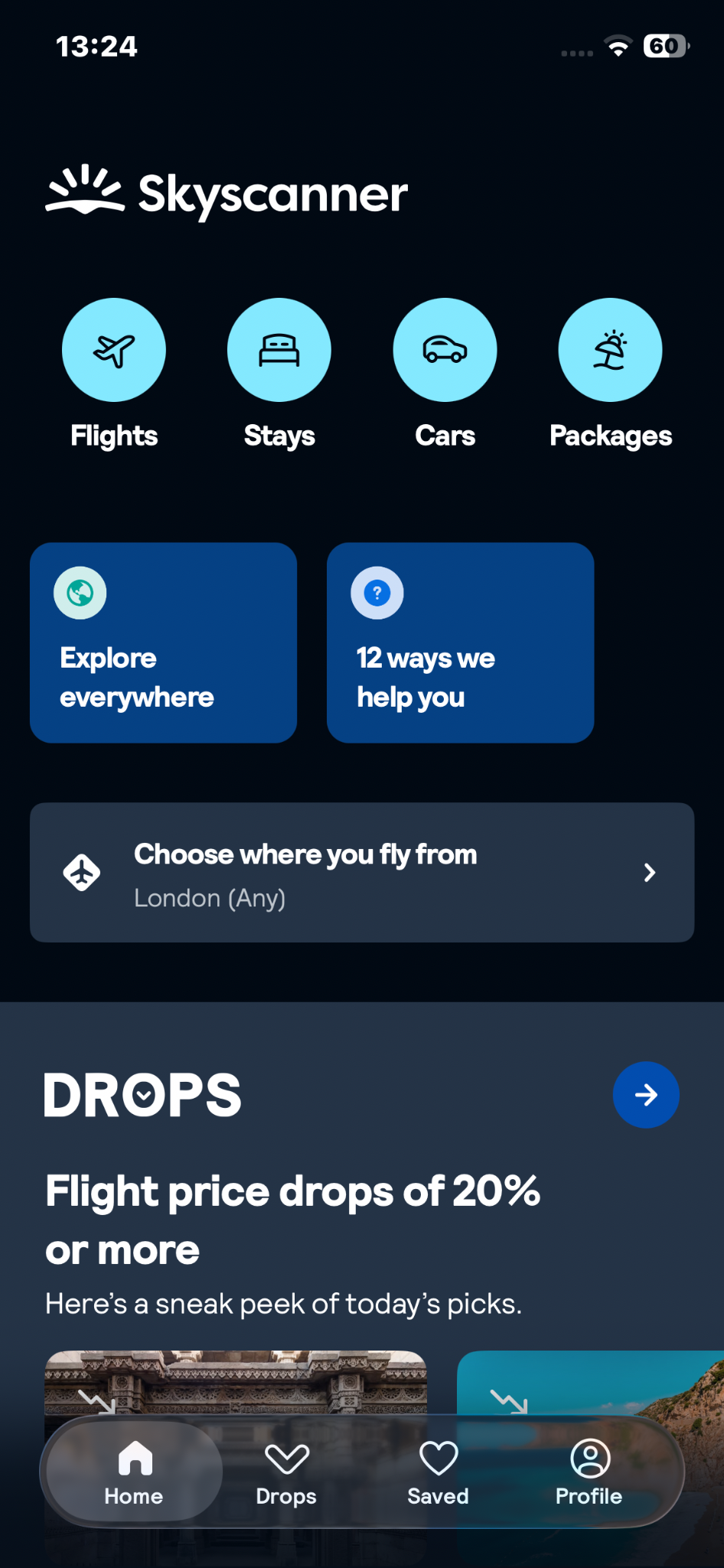 Skyscanner mobile app home screen