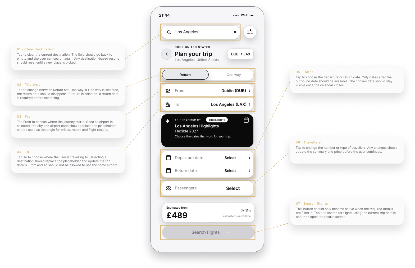 NAVX design specification showing annotated Plan Your Trip interactions and component behaviour