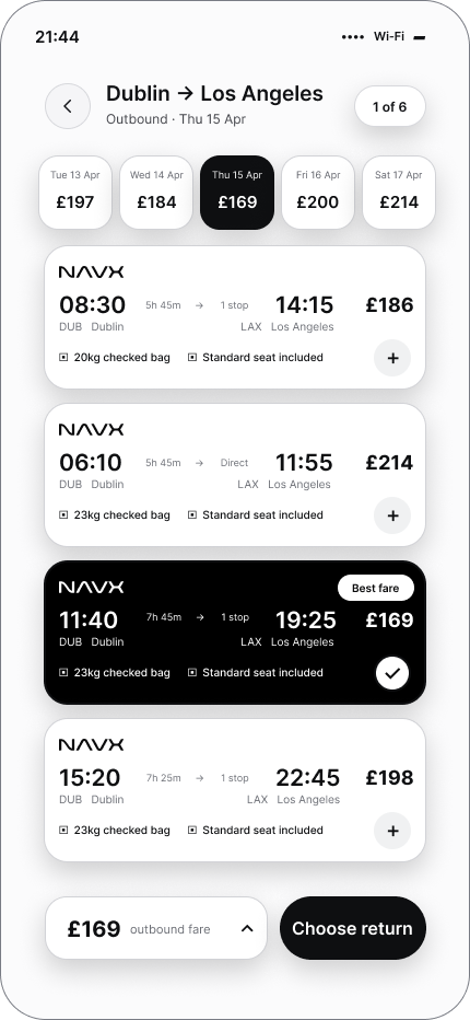 NAVX low fidelity flight selection screen